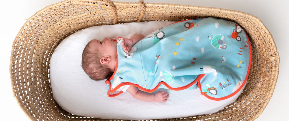 A newborn sleeps in a wicker bassinet, wrapped in a colorful animal-themed baby sleeping bag.